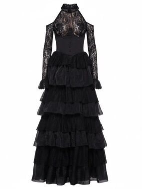 Widow Black Gothic Tiered Lace & Organza Maxi Dress